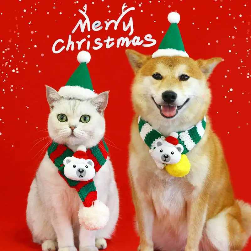 Christmas Pet Dog Scarf Hat Set Soft Comfortable Winter Neck Warmer Scarf Cat Christmas Party Dress Up Clothes Drop Shipping