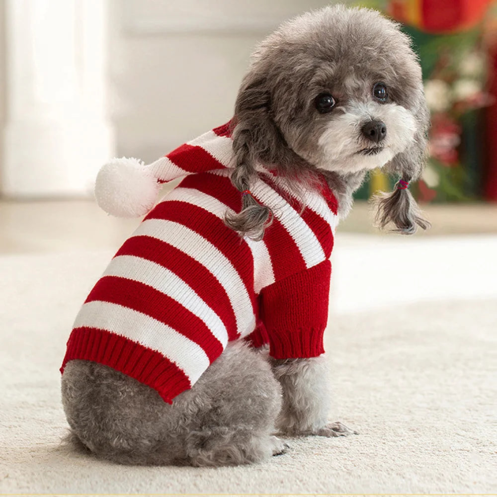 Christmas Dog Cat Sweater Warm Winter Puppy Dogs Clothes With Hat Striped Christmas Jacket Coat Pug Yorkies Yorkshire Clothing