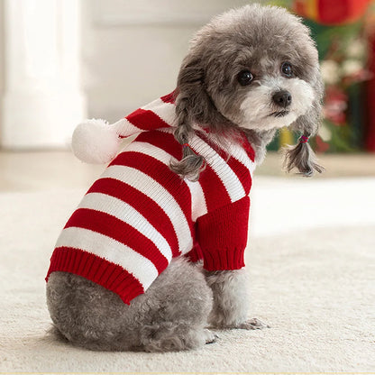 Christmas Dog Cat Sweater Warm Winter Puppy Dogs Clothes With Hat Striped Christmas Jacket Coat Pug Yorkies Yorkshire Clothing