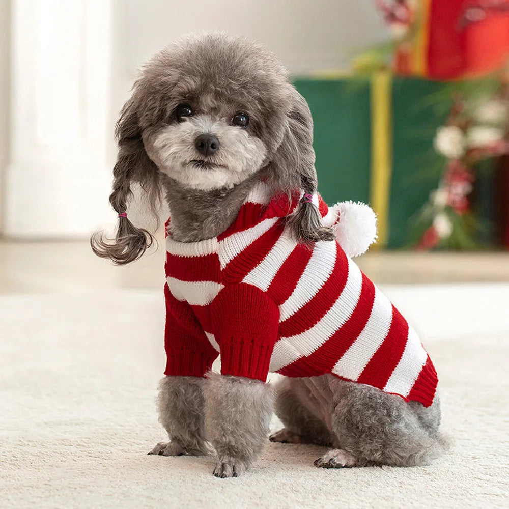 Christmas Dog Cat Sweater Warm Winter Puppy Dogs Clothes With Hat Striped Christmas Jacket Coat Pug Yorkies Yorkshire Clothing